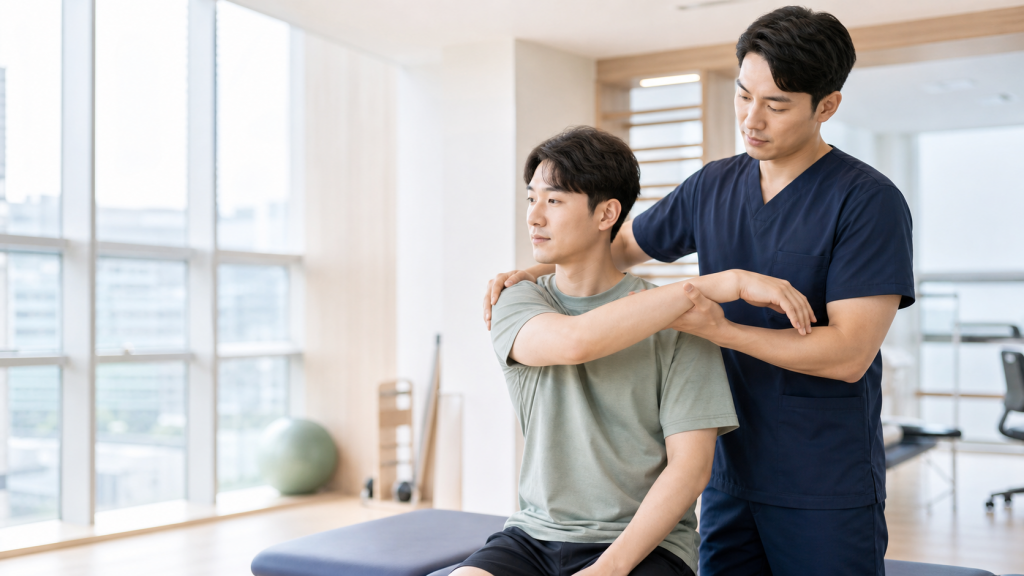 치료사가 환자의 어깨 상태를 살피며 도수치료를 진행하는 모습